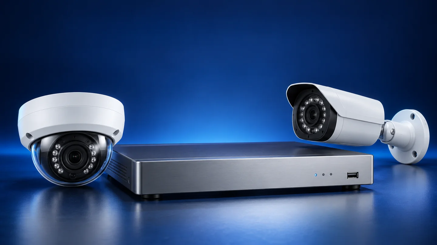 Illustration of dome and bullet CCTV cameras with a recorder