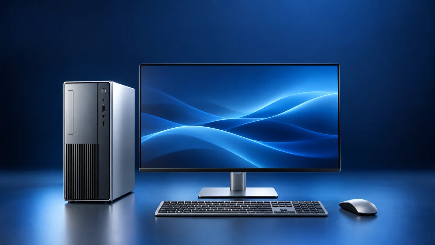 Illustration of a commercial desktop PC, monitor and keyboard
