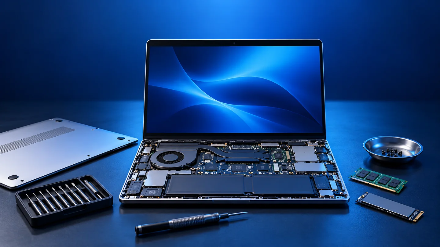 Illustration of laptop servicing and computer repair