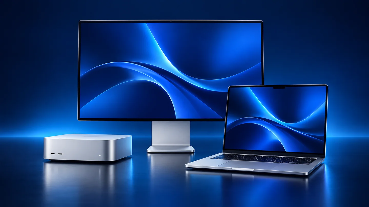 Illustration of Silver compact desktop workstation and professional laptop