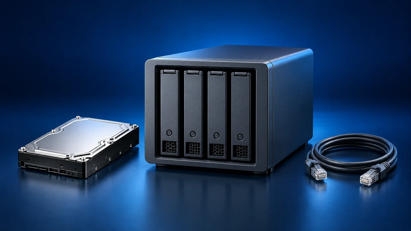 Illustration of Four-bay network-attached storage and hard drive