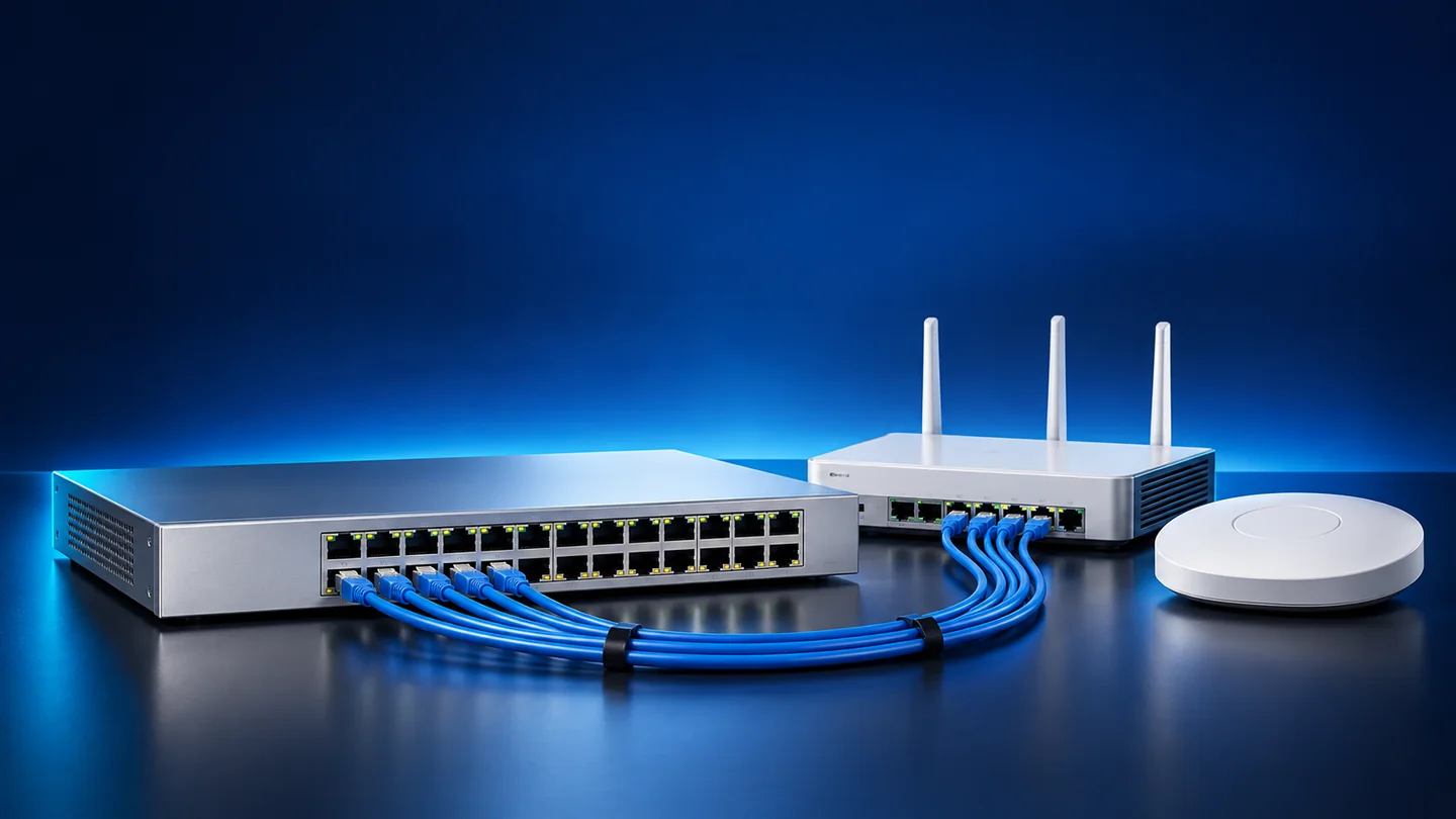 Illustration of enterprise switches, router and Ethernet cabling