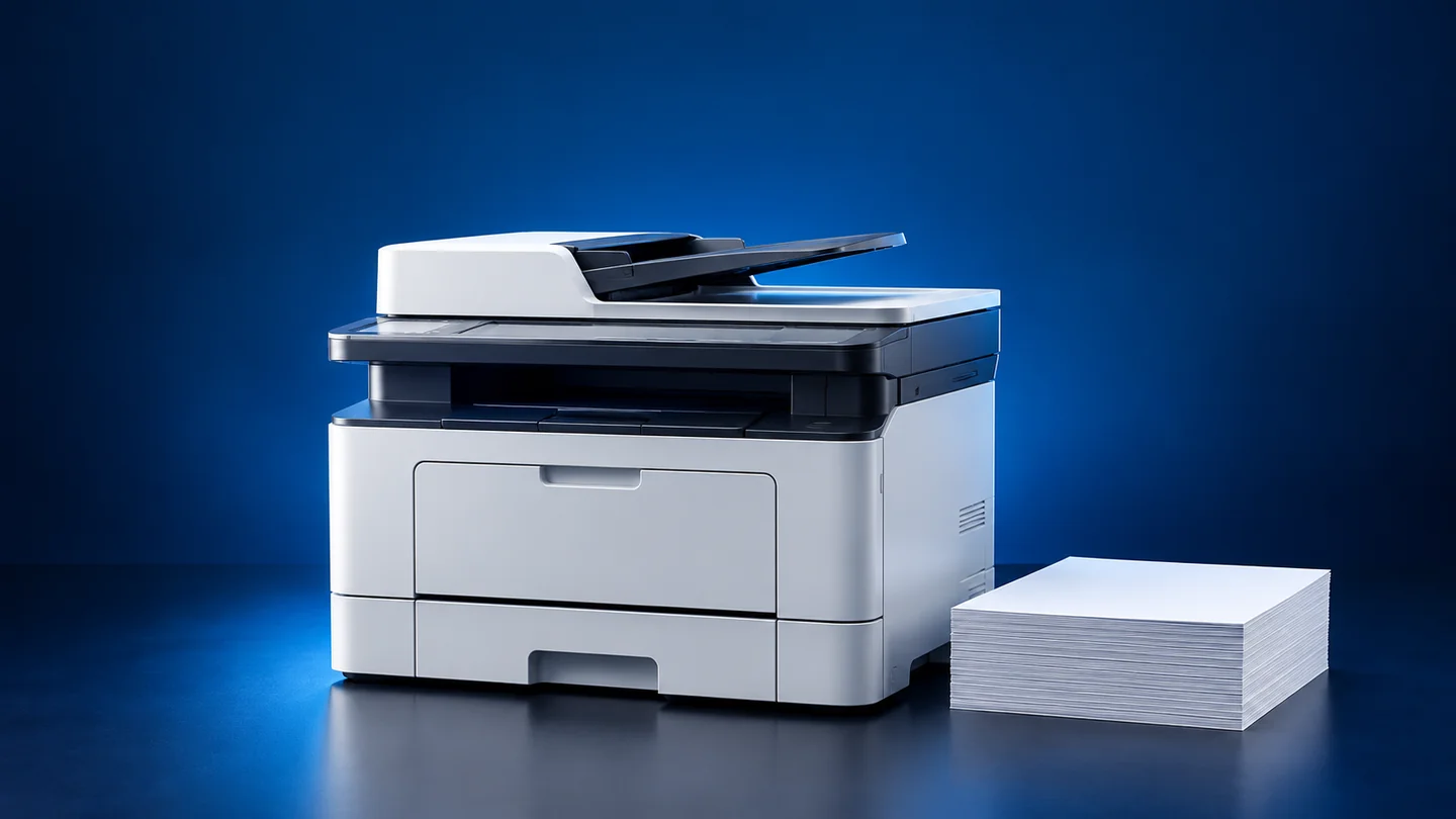 Illustration of a multifunction office printer and scanner