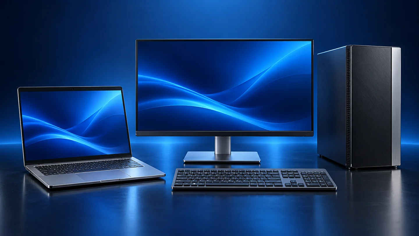 Illustration of Refurbished business laptops and desktops