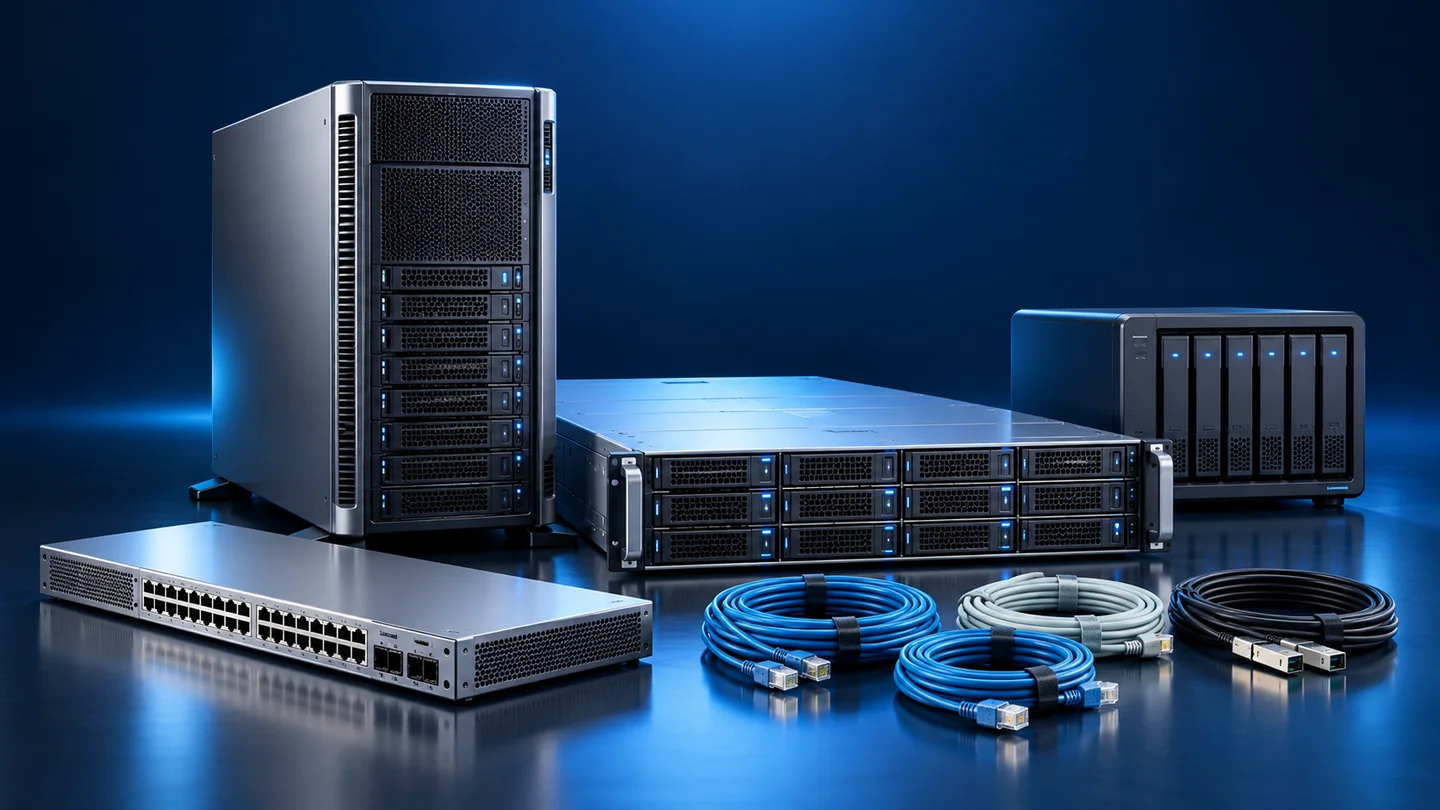 Illustration of Business servers, network storage and data migration
