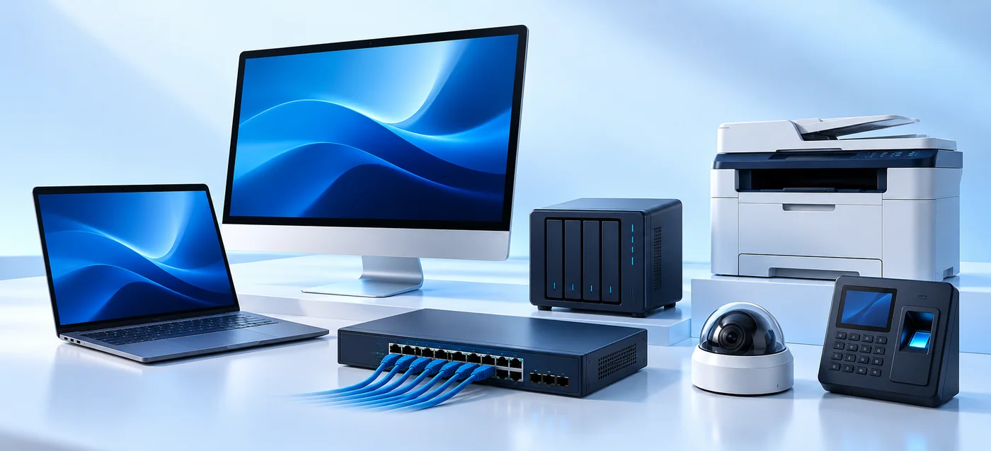 Illustration of computers, printing, network storage, CCTV and biometric technology